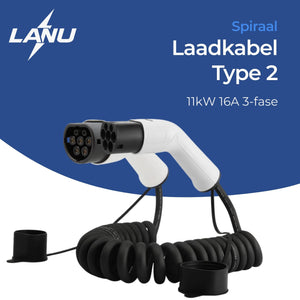 Type 2 Laadkabel Spiraal – 11 kW (16A 3-fase) – Incl. Draagtas