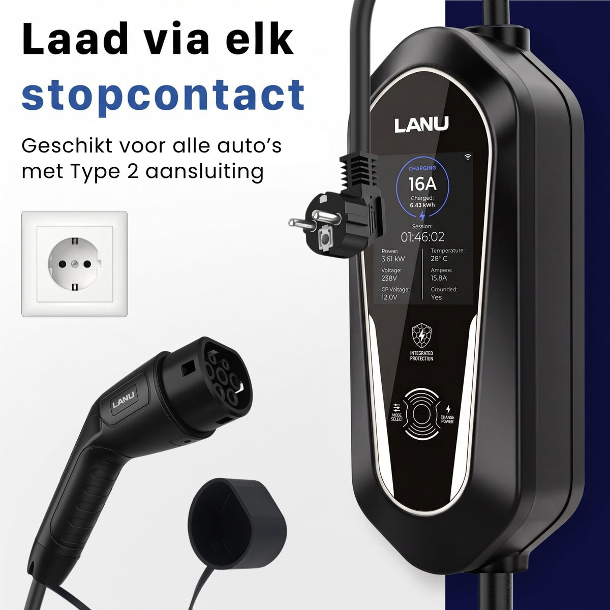 Laden via elk stopcontact met Type 2-aansluiting