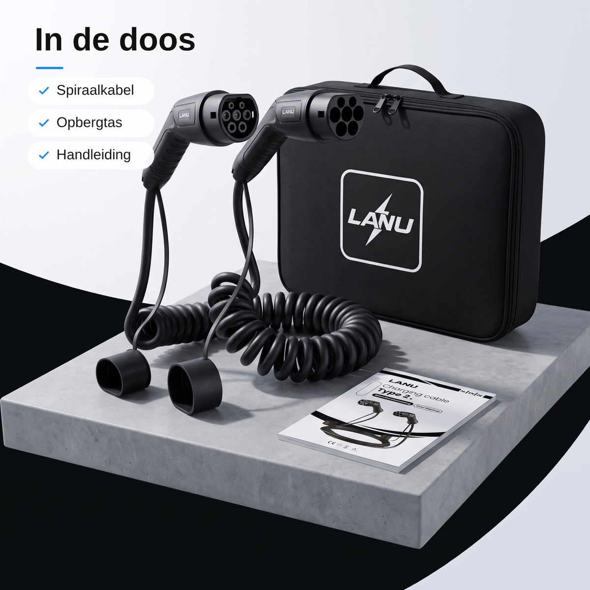 In de doos: spiraalkabel, opbergtas en handleiding